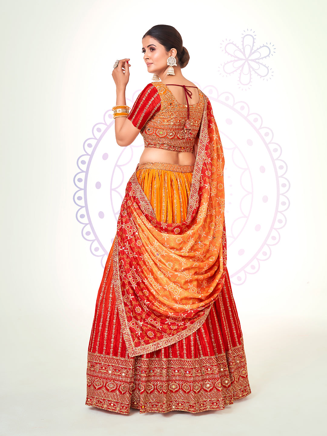 Red & Yellow Navratri Special Chinon Silk Lehenga Choli