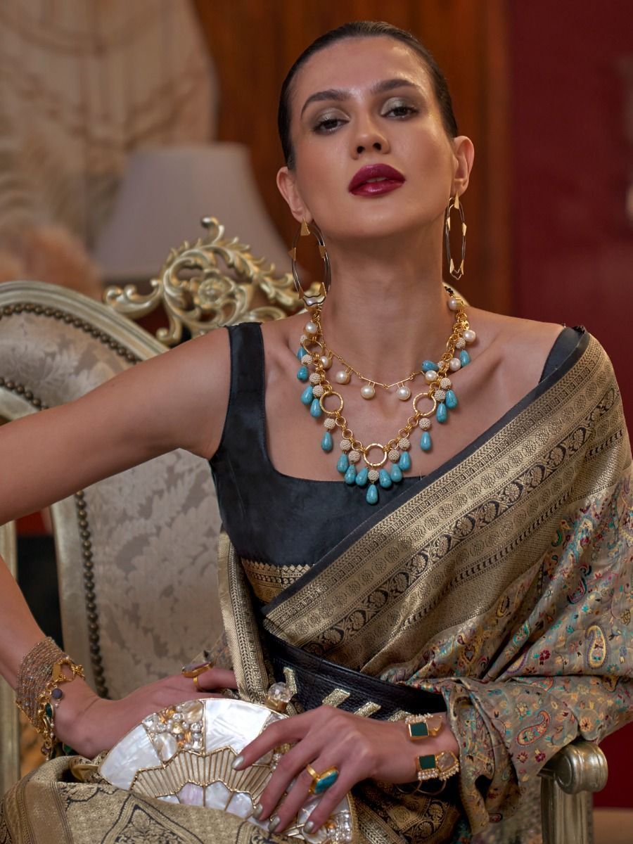 Sage Green Paisley Print Silk Festival Wear Saree With Blouse