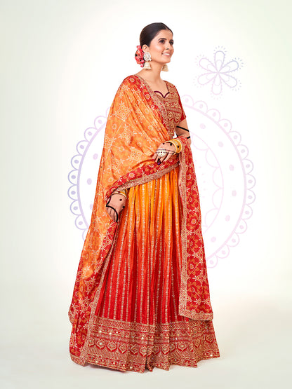 Red & Yellow Navratri Special Chinon Silk Lehenga Choli