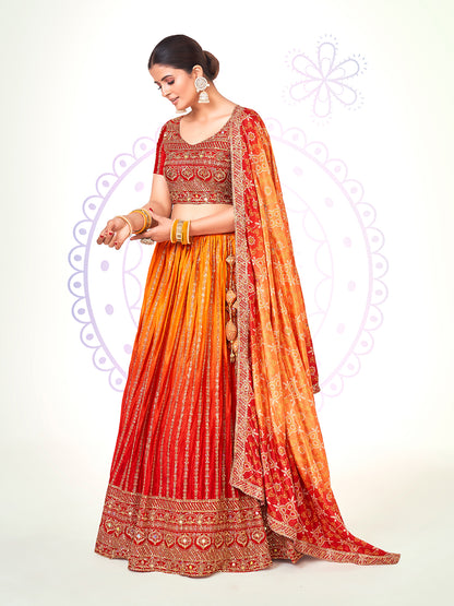 Red & Yellow Navratri Special Chinon Silk Lehenga Choli