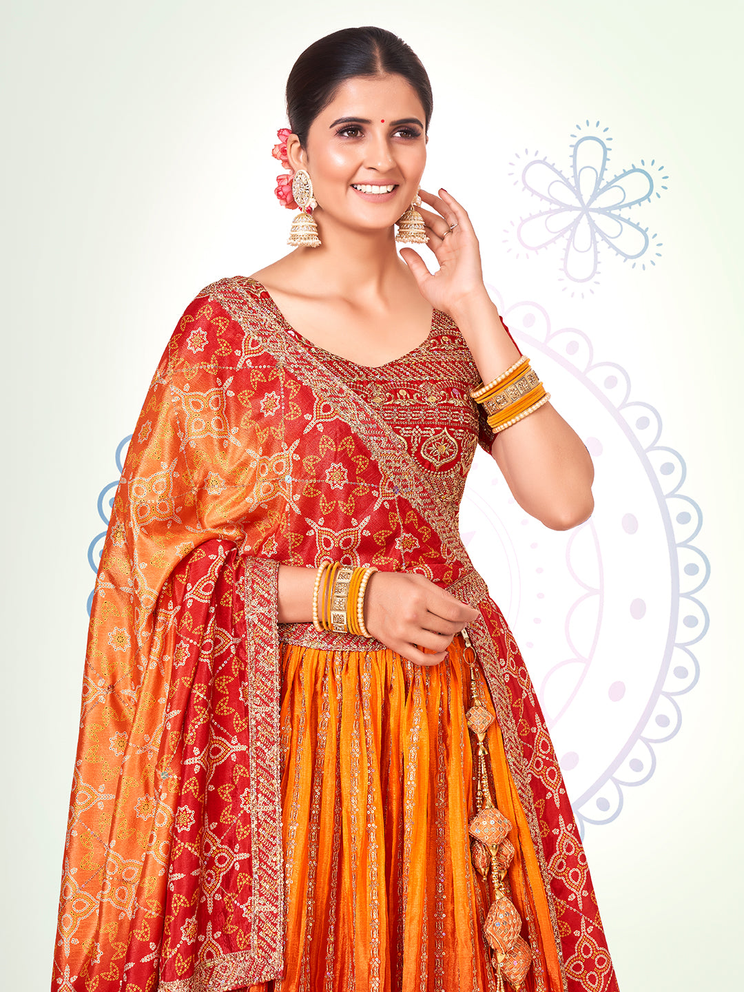 Red & Yellow Navratri Special Chinon Silk Lehenga Choli