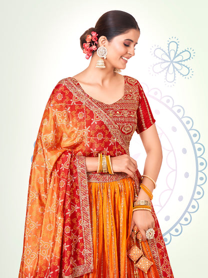 Red & Yellow Navratri Special Chinon Silk Lehenga Choli