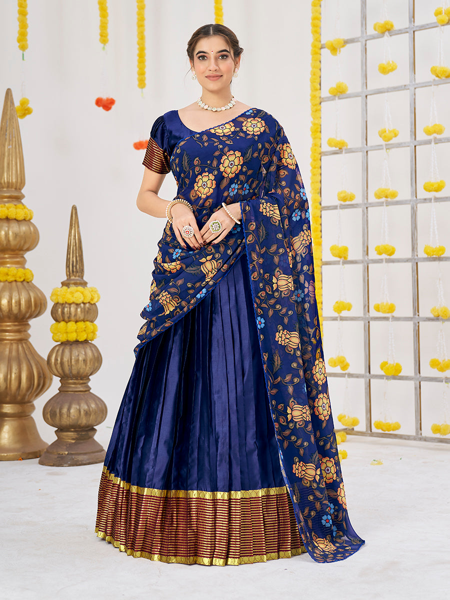 Dark Blue Woven Banarasi Silk Half Saree Lehenga