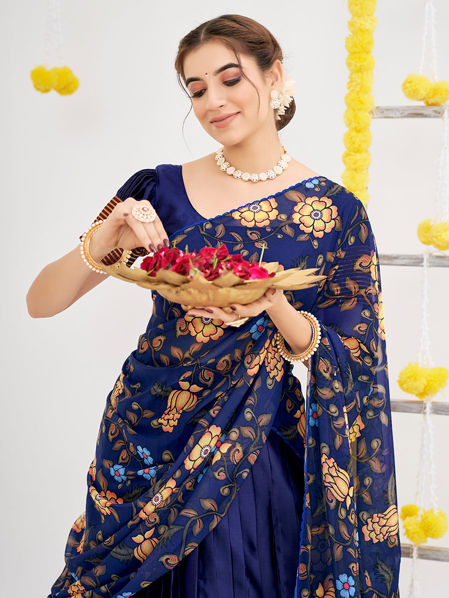 Dark Blue Woven Banarasi Silk Half Saree Lehenga
