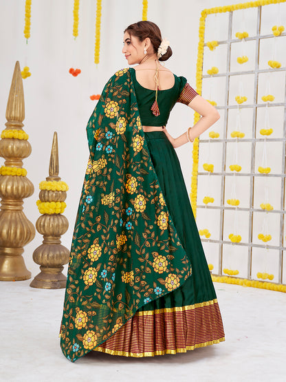 Dark Green Woven Banarasi Silk Half Saree Lehenga