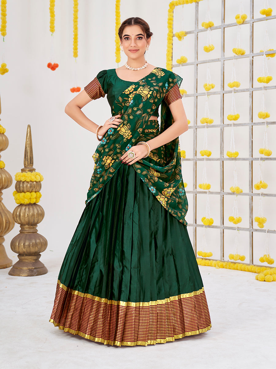 Dark Green Woven Banarasi Silk Half Saree Lehenga