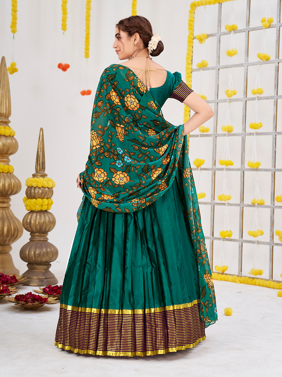 Dark Rama Woven Banarasi Silk Half Saree Lehenga