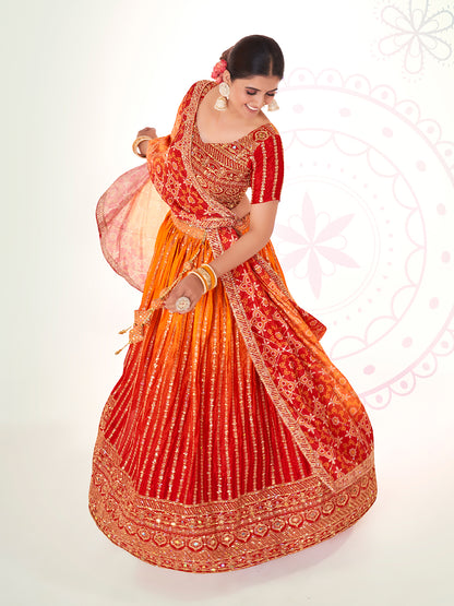 Red & Yellow Navratri Special Chinon Silk Lehenga Choli