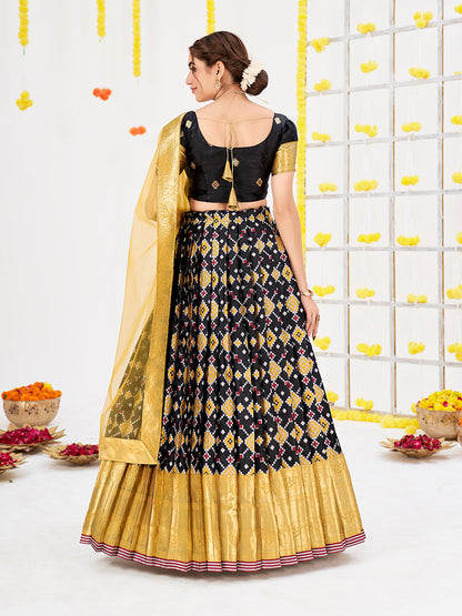 Black Weaving Work and Floral Printed Banarasi Silk Pattu Half Saree