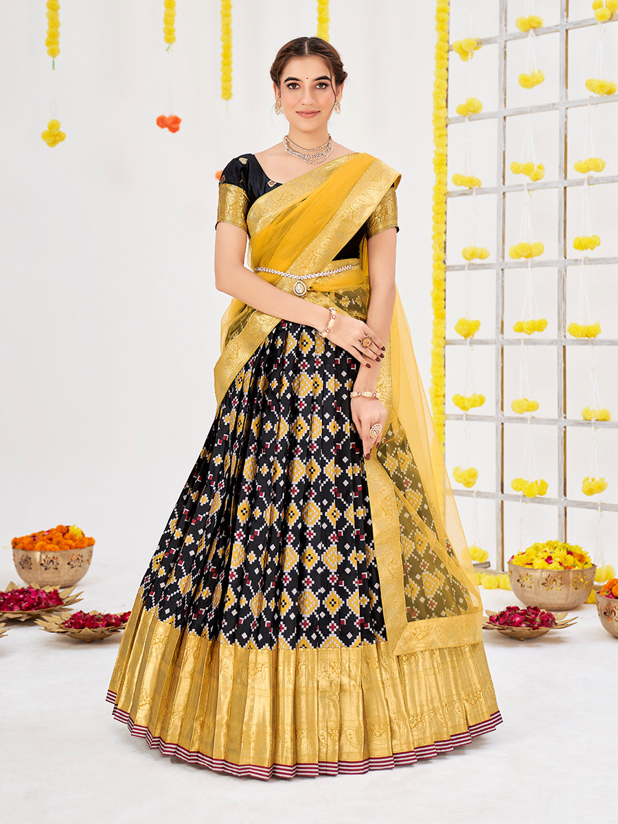 Black Weaving Work and Floral Printed Banarasi Silk Pattu Half Saree