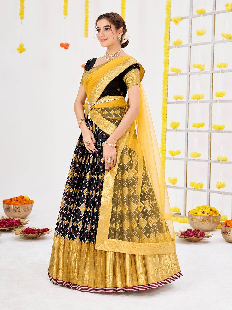 Black Weaving Work and Floral Printed Banarasi Silk Pattu Half Saree