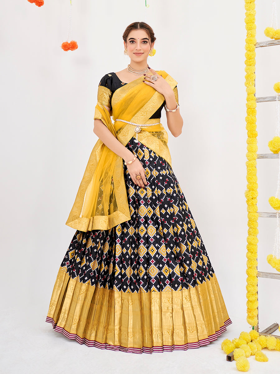 Black Weaving Work and Floral Printed Banarasi Silk Pattu Half Saree