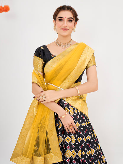 Black Weaving Work and Floral Printed Banarasi Silk Pattu Half Saree