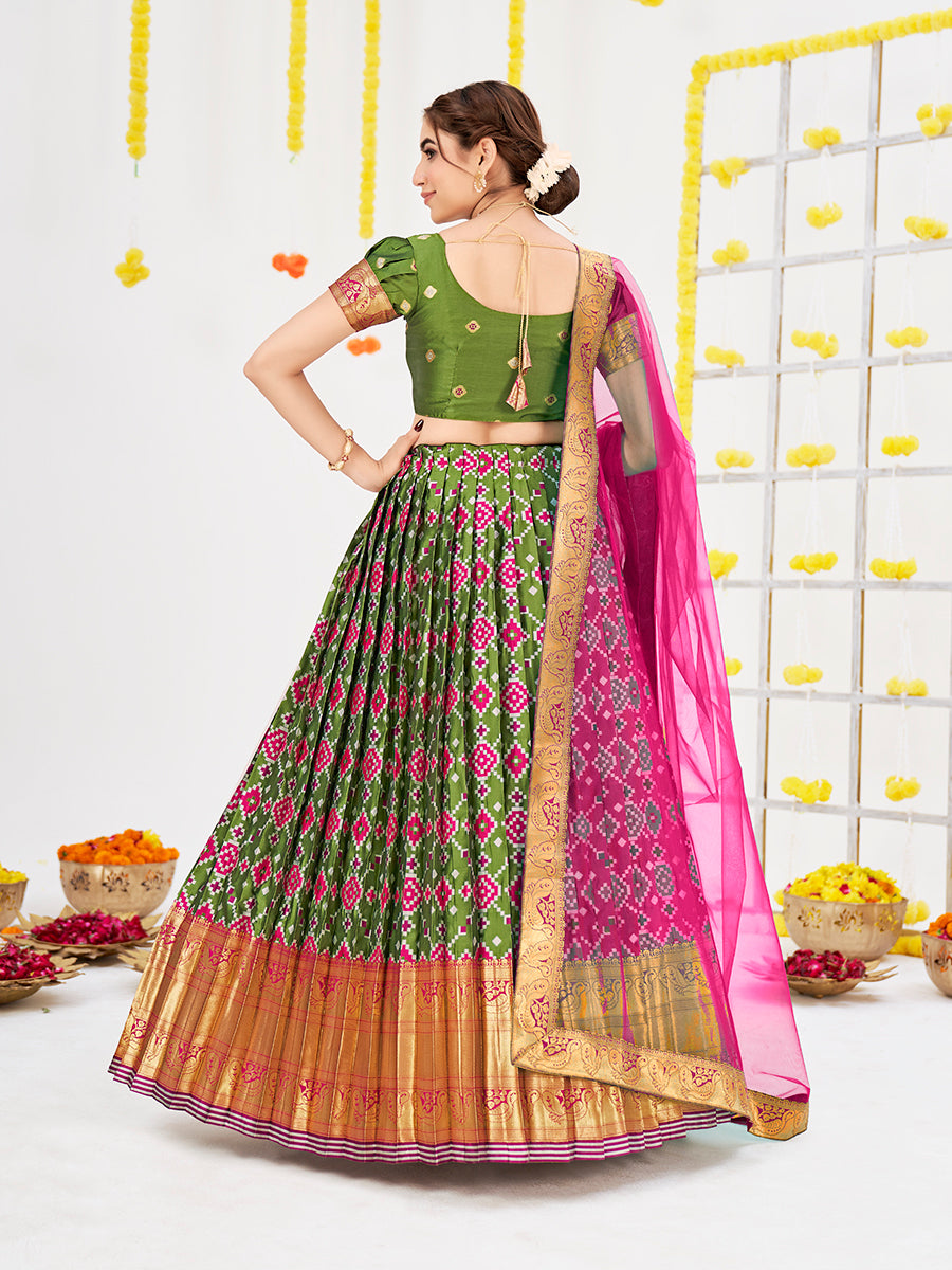 Multicolor Weaving Work and Floral Printed Banarasi Silk Pattu Half Saree