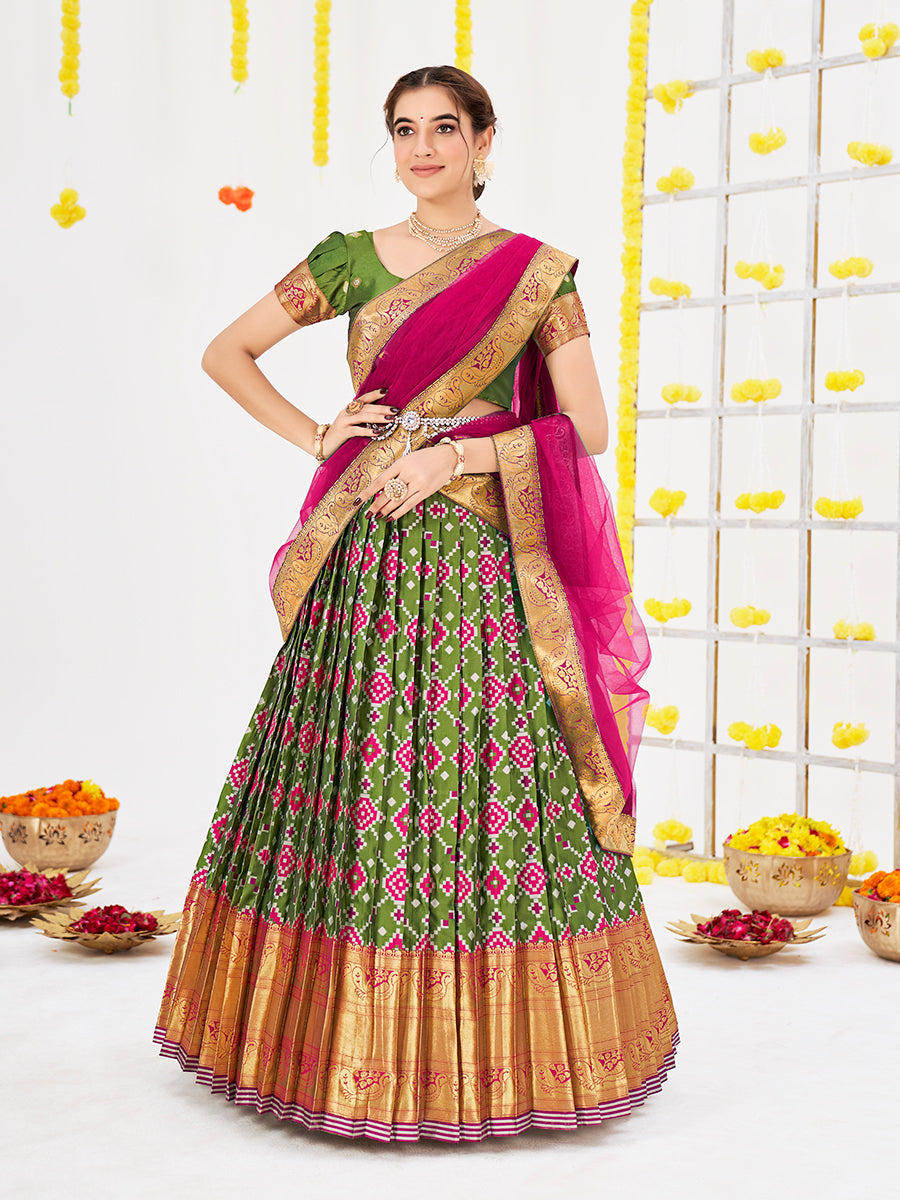 Multicolor Weaving Work and Floral Printed Banarasi Silk Pattu Half Saree