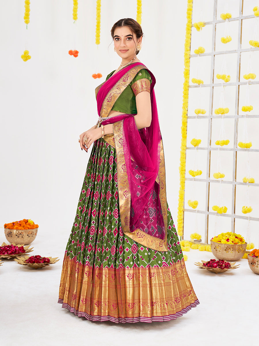 Multicolor Weaving Work and Floral Printed Banarasi Silk Pattu Half Saree