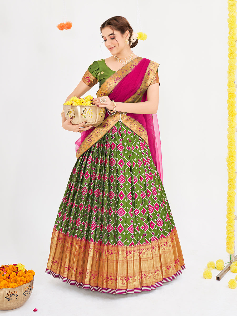 Multicolor Weaving Work and Floral Printed Banarasi Silk Pattu Half Saree