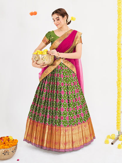 Multicolor Weaving Work and Floral Printed Banarasi Silk Pattu Half Saree