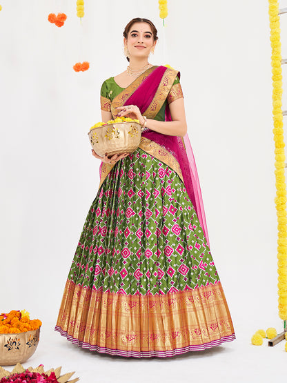 Multicolor Weaving Work and Floral Printed Banarasi Silk Pattu Half Saree