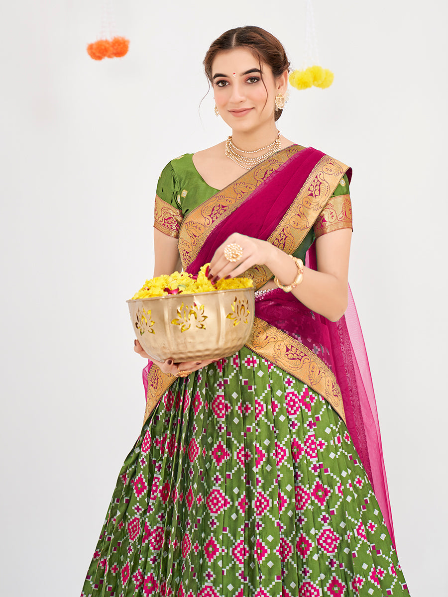 Multicolor Weaving Work and Floral Printed Banarasi Silk Pattu Half Saree