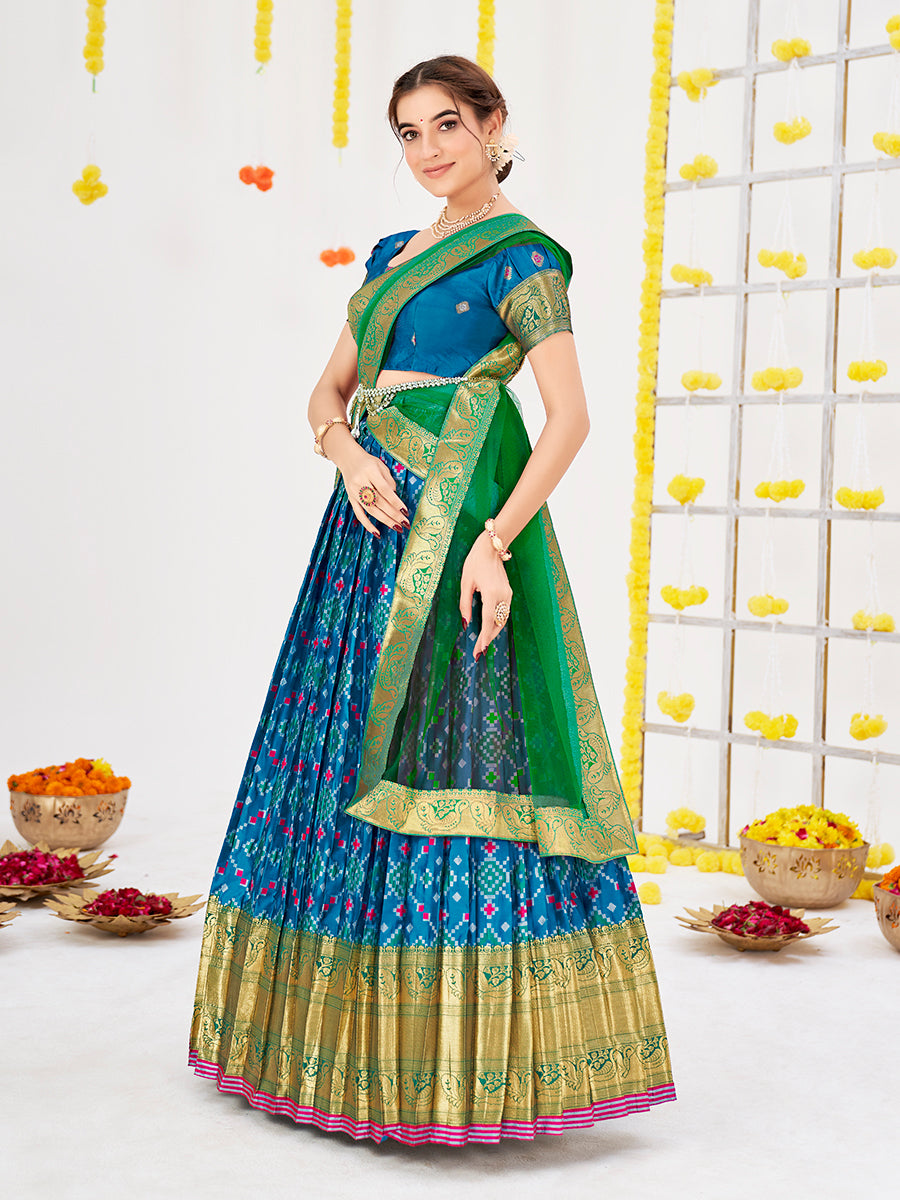 Blue Weaving Work and Floral Printed Banarasi Silk Pattu Half Saree