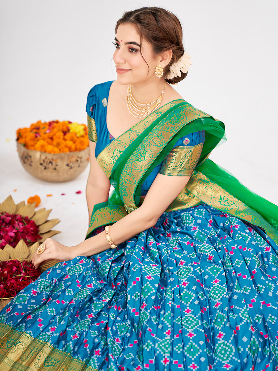 Blue Weaving Work and Floral Printed Banarasi Silk Pattu Half Saree