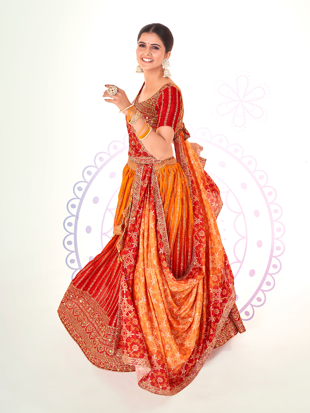 Red & Yellow Navratri Special Chinon Silk Lehenga Choli