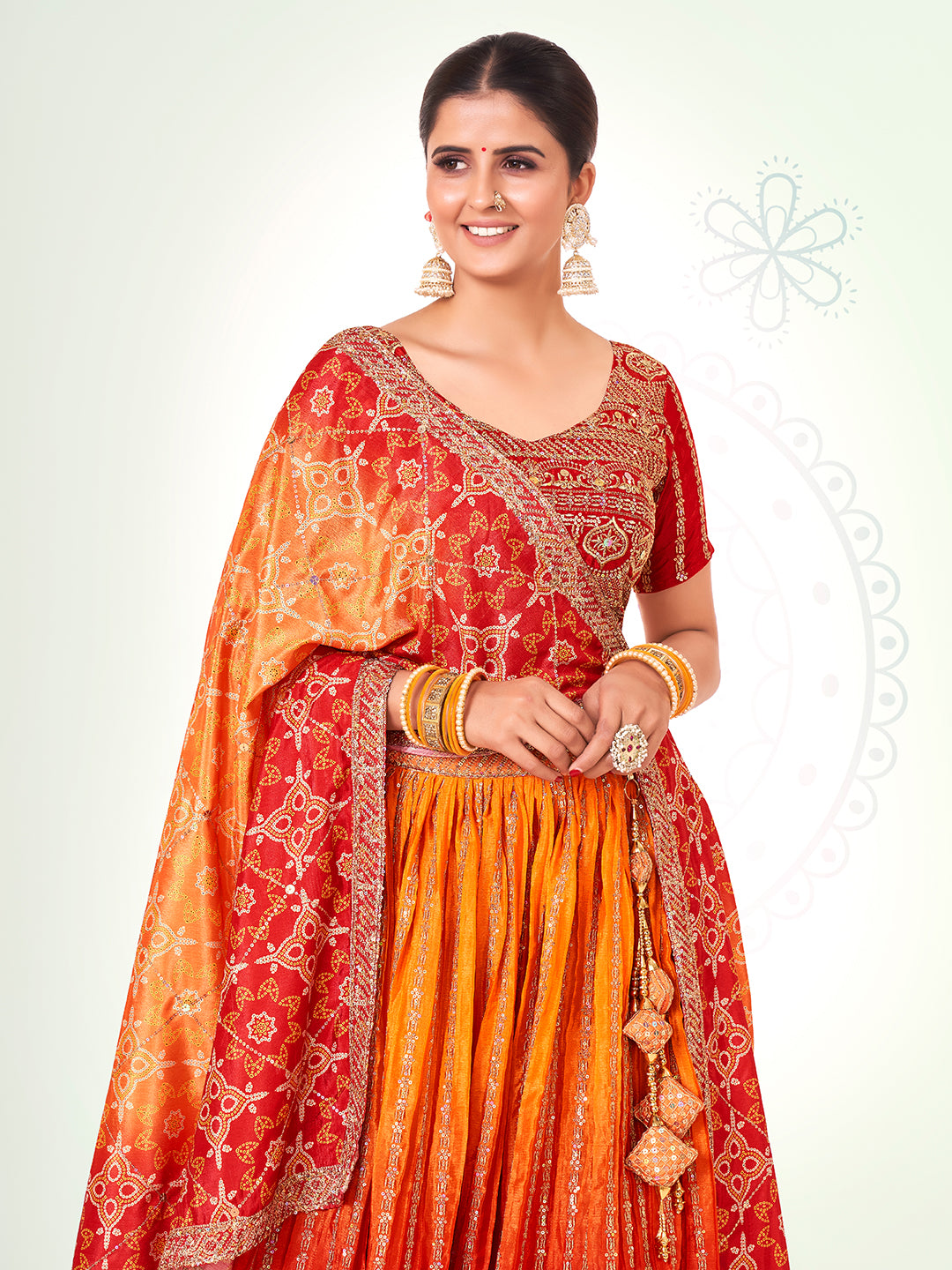 Red & Yellow Navratri Special Chinon Silk Lehenga Choli