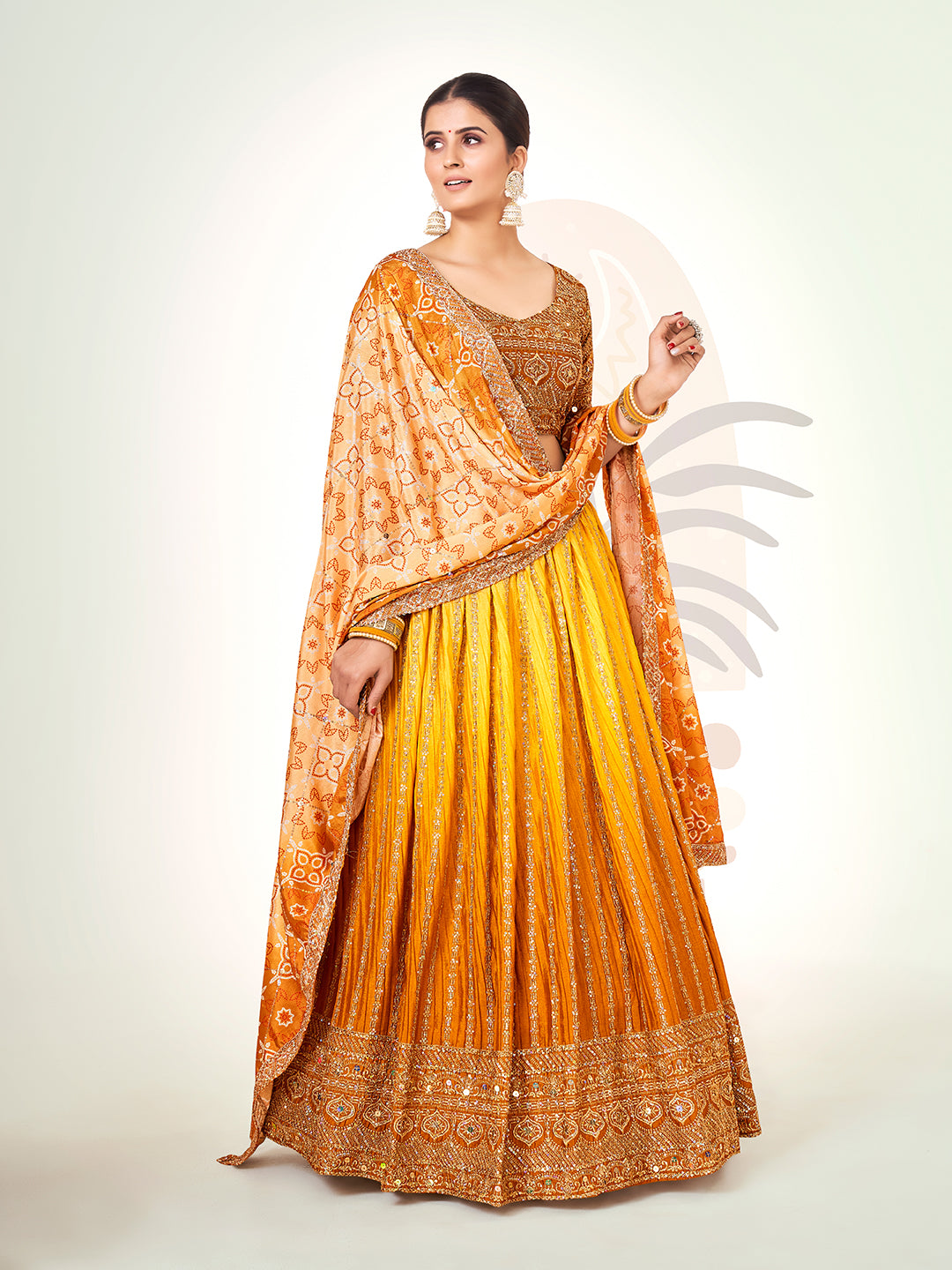 Mustard Navratri Special Chinon Silk Lehenga Choli