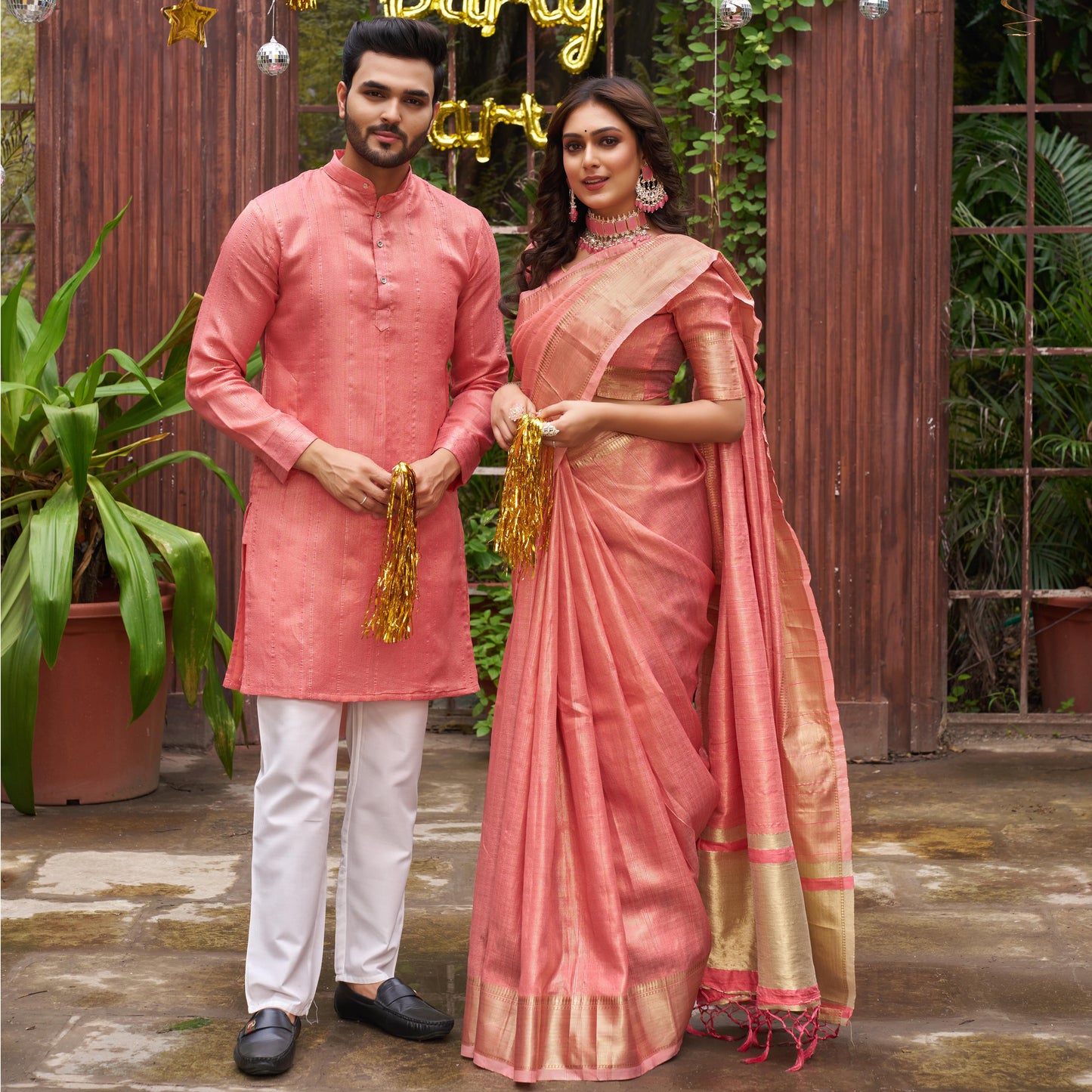 Sumitra Pink Silk Couple Wear Saree with Kurta