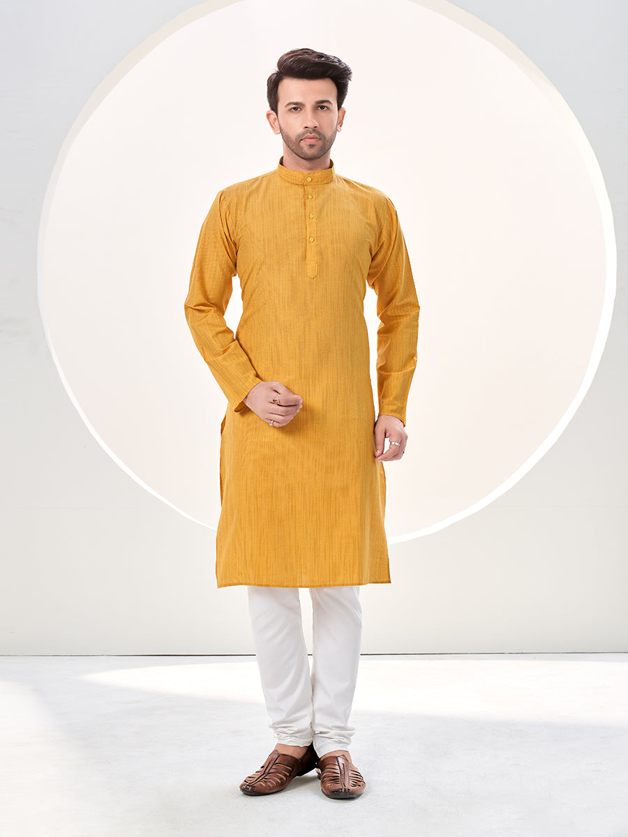 Yellow Plain Handloom Cotton Based Casual Kurta For Men