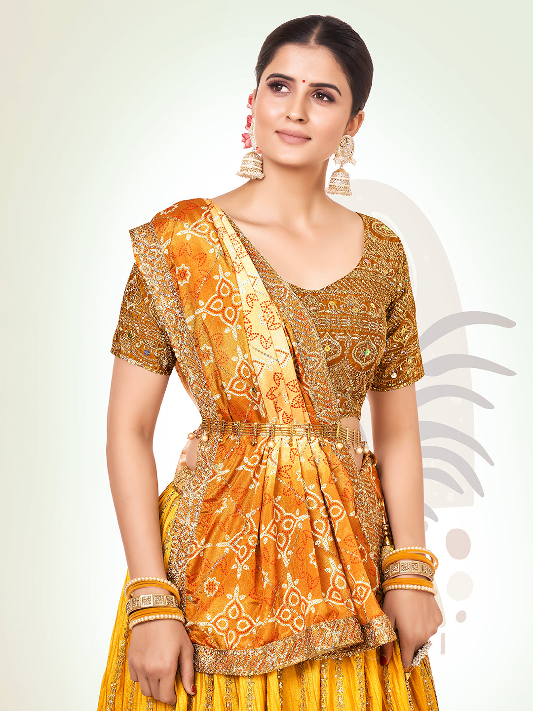 Mustard Navratri Special Chinon Silk Lehenga Choli