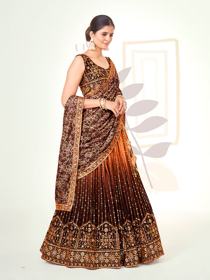 Dark Brown Navratri Special Chinon Silk Lehenga Choli