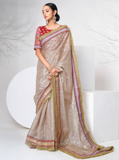 Light Cream Organza Foil Mirror Work Diwali Special Saree