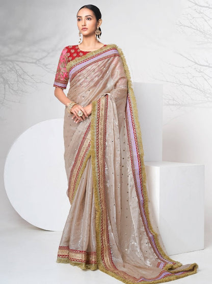 Light Cream Organza Foil Mirror Work Diwali Special Saree