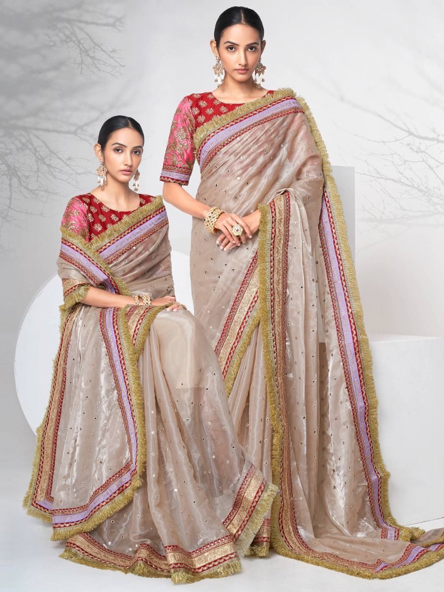 Light Cream Organza Foil Mirror Work Diwali Special Saree