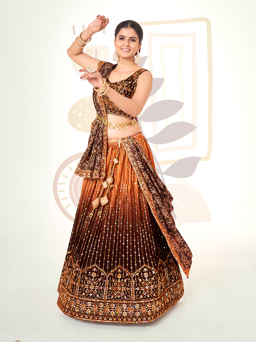 Dark Brown Navratri Special Chinon Silk Lehenga Choli