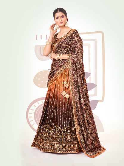 Dark Brown Navratri Special Chinon Silk Lehenga Choli