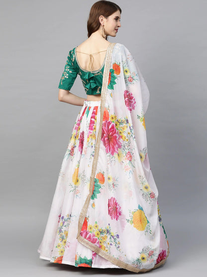 White & Green Organza Semi-Stitch Lehenga Choli