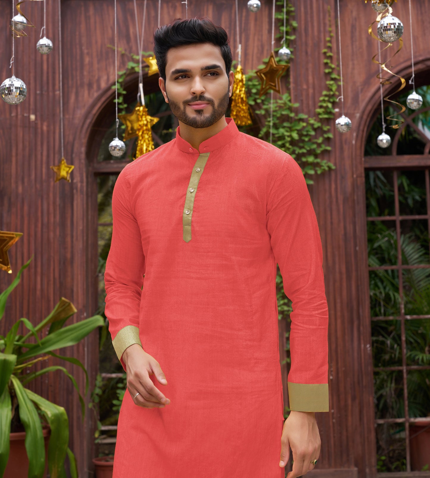 Coral Silk Couple Wear Saree with Kurta