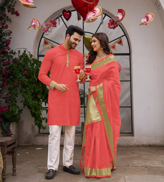 Coral Silk Couple Wear Saree with Kurta
