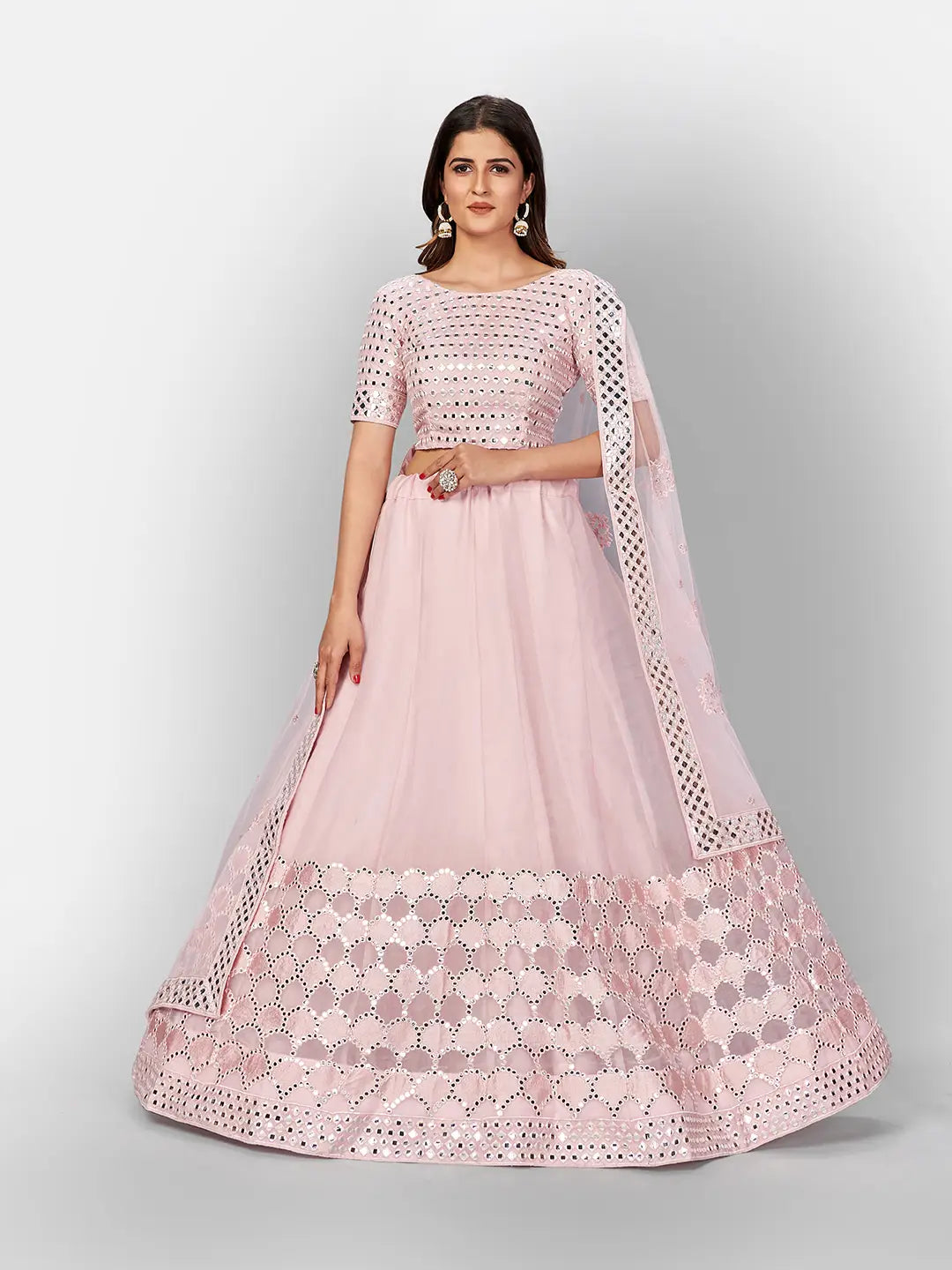Gorgeous Designer Look Pink Organza Mirror work Wedding Wear Lehenga