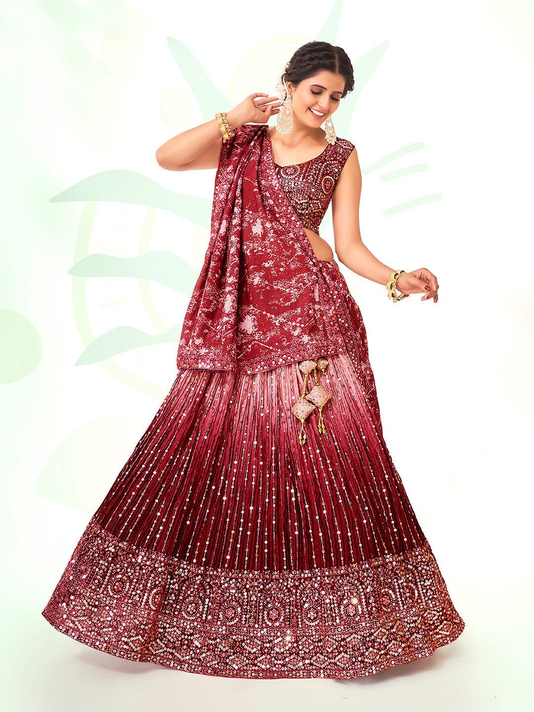 Maroon Navratri Special Chinon Silk Lehenga Choli