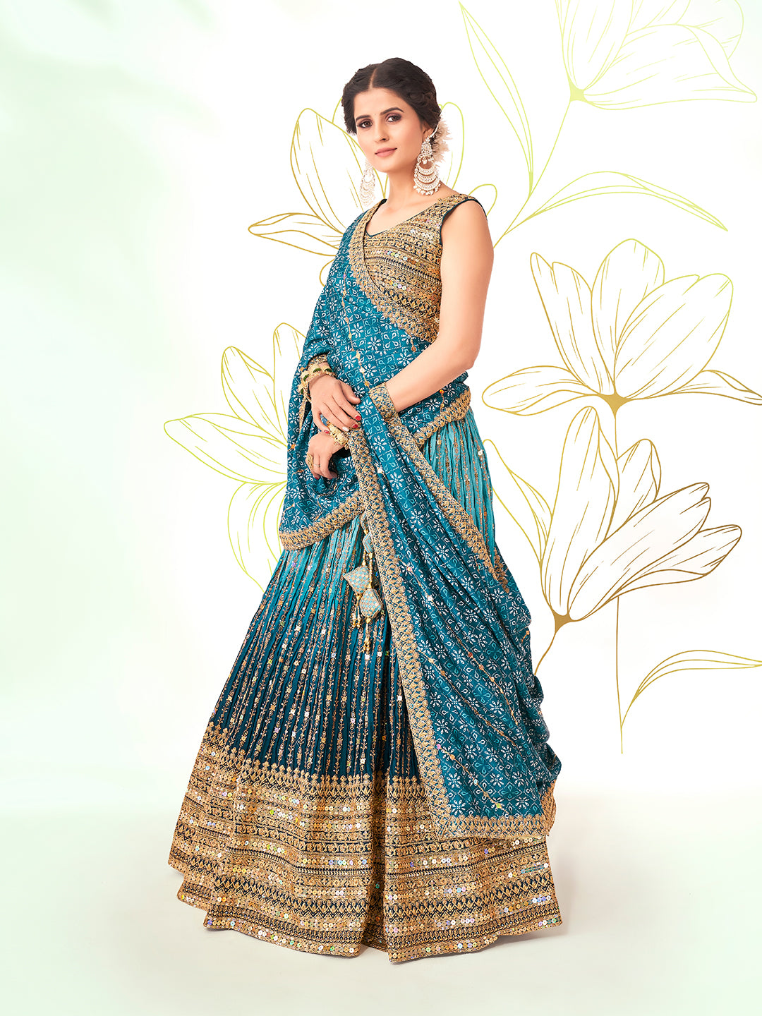 Rama Blue Navratri Special Chinon Silk Lehenga Choli