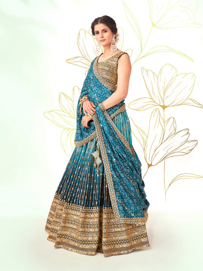 Rama Blue Navratri Special Chinon Silk Lehenga Choli
