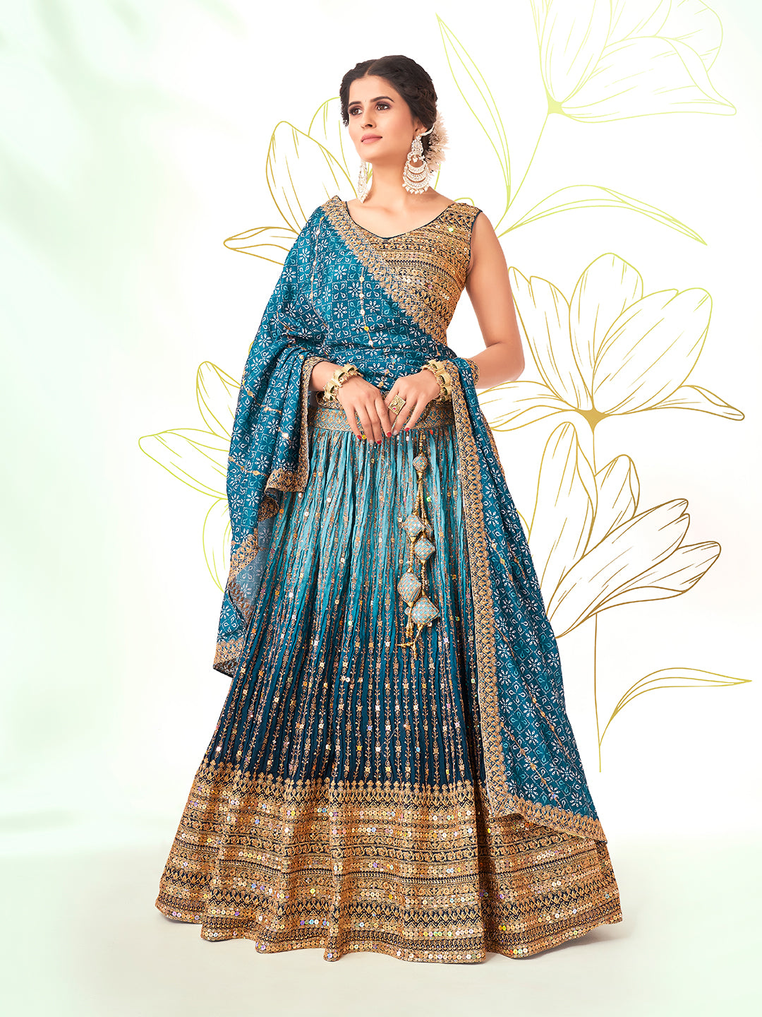 Rama Blue Navratri Special Chinon Silk Lehenga Choli