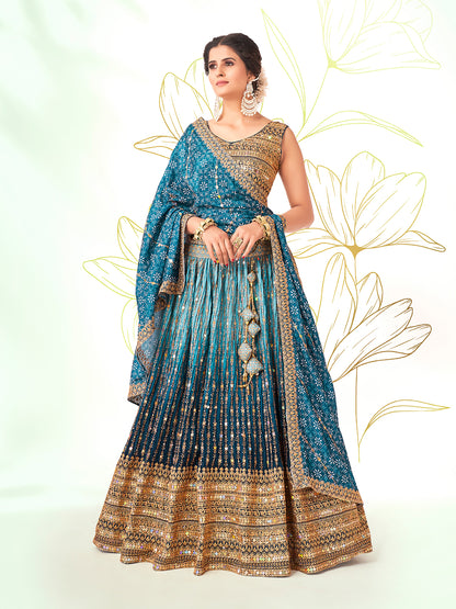 Rama Blue Navratri Special Chinon Silk Lehenga Choli