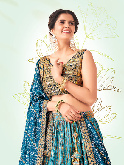 Rama Blue Navratri Special Chinon Silk Lehenga Choli