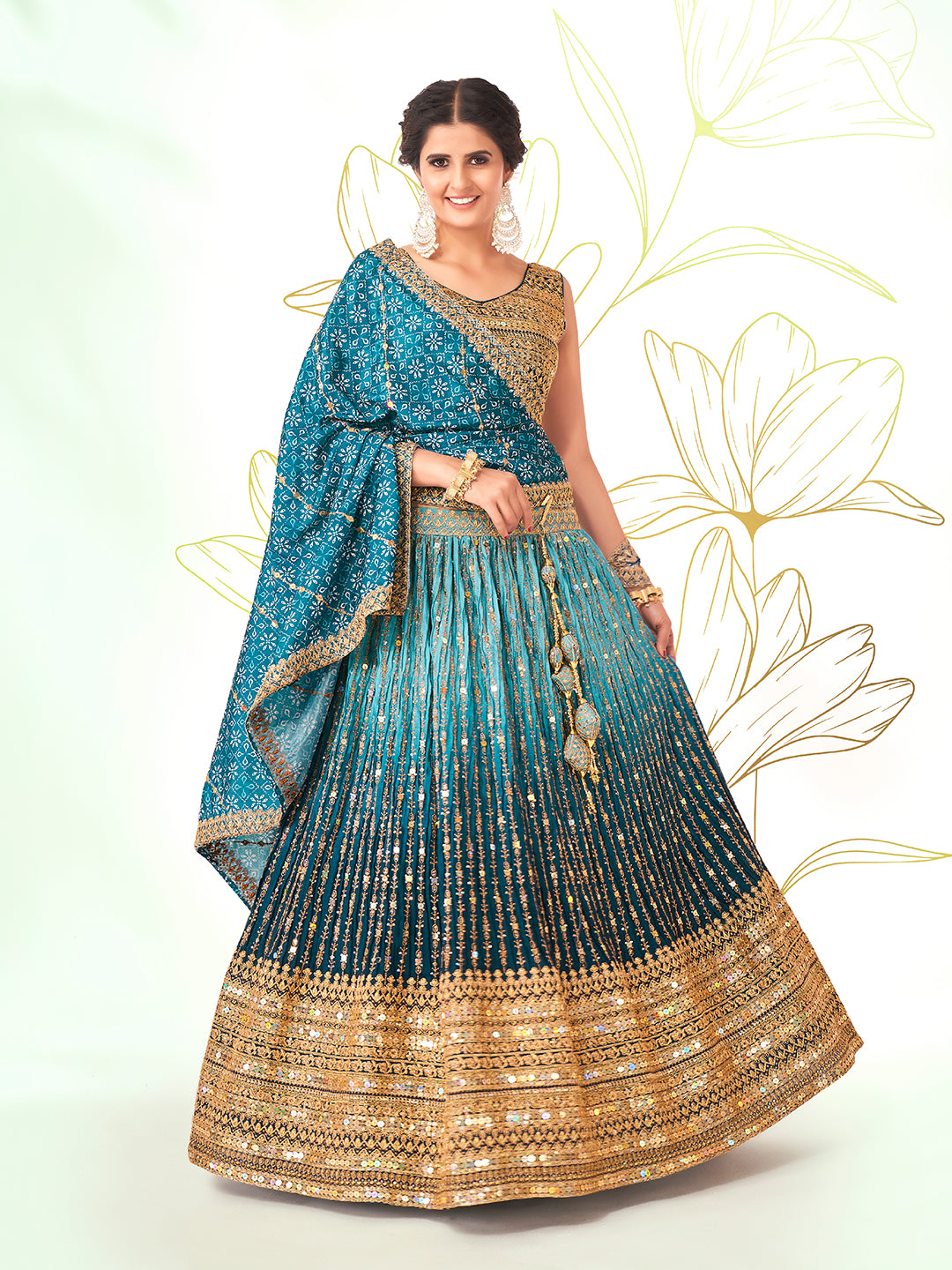 Rama Blue Navratri Special Chinon Silk Lehenga Choli