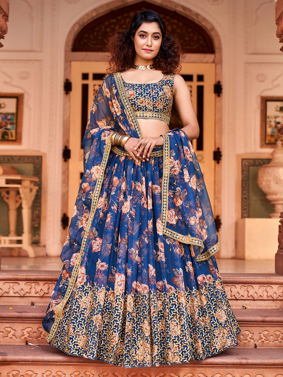 Royal Blue Floral Printed Organza Lehenga Choli